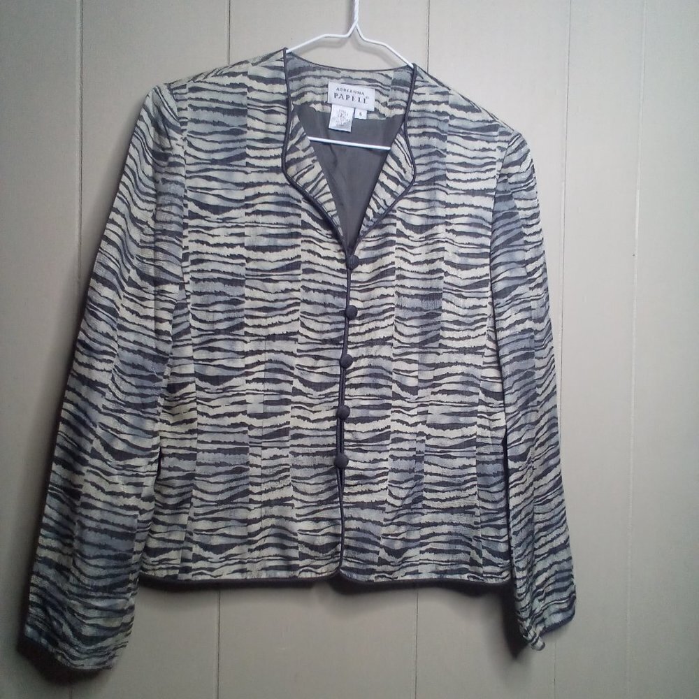 Adrianna Papell Blazer Jacket 6 Lightweight Button Up Tan Gray Patterned Silk